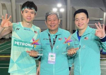 Pelatih ganda putra Malaysia Herry IP bersama pasangan Aaroh Chia/Soh Wooi Yik