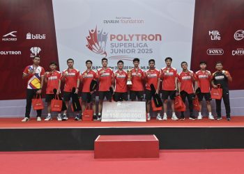 Selebrasi pemain PB Djarum usai juara Superliga Junior 2025