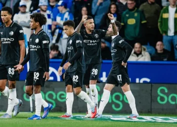 Para pemain Manchester City lakukan selebrasi usai cetak gol ke gawang Huddersfield Town