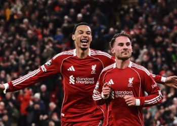 Pemain Liverpool, Alexis Mac Allister berselebrasi usai bobol gawang Real Madrid