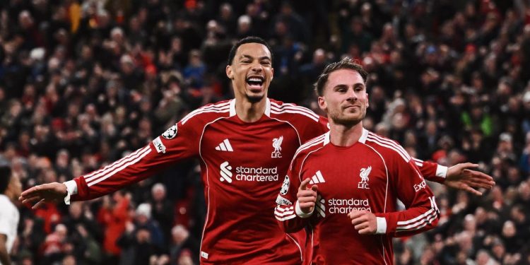 Pemain Liverpool, Alexis Mac Allister berselebrasi usai bobol gawang Real Madrid