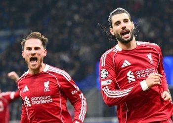 Pemain Liverpool, Dominik Szoboszlai melakukan selebrasi usai bobol gawang Inter Milan